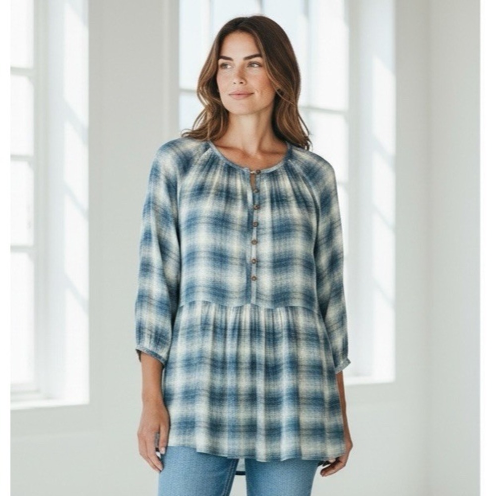 Anthropologie Maeve Women's S Popover Tunic Blouse Teal Plaid EUC